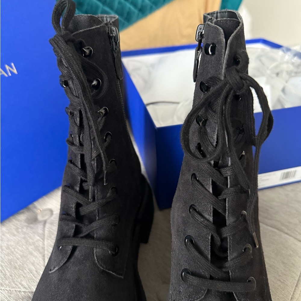 Stuart Weitzman Black Charli Suede Combat Lace-up Sportlift Boots - Picture 12 of 17